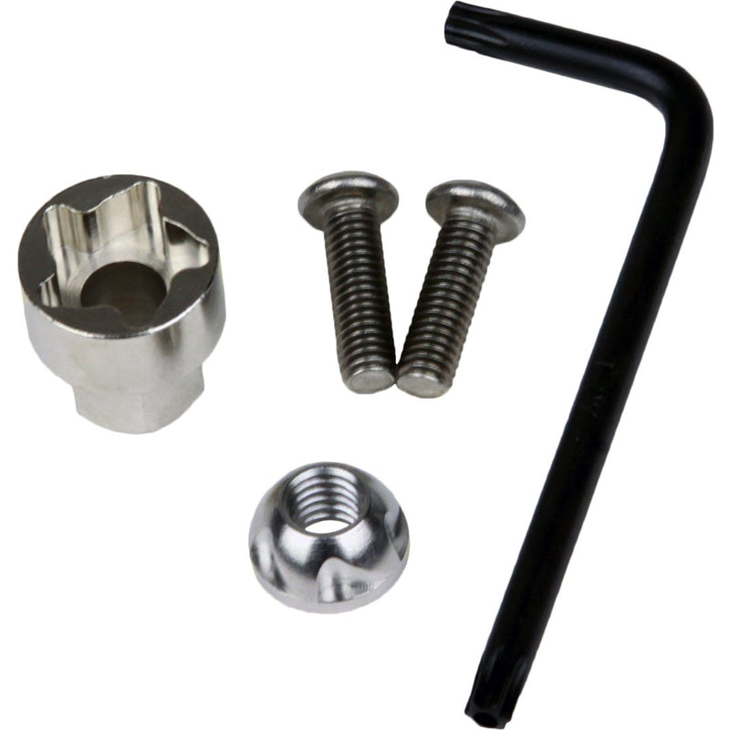 Rigid D-Series Security Kit, kit contents laid out: A security hardware kit with a socket nut, two security screws, a nut and an L-shaped key on a white background