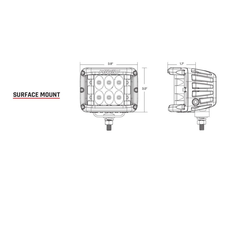 Rigid D-SS Drive A-Pillar Light Kit: line drawing of a D-SS cube light labeled surface mount with front and side dimensions