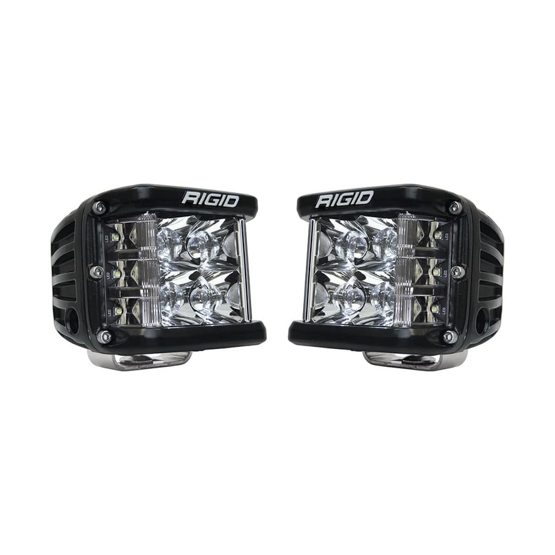 Rigid D-SS Spot A-Pillar Kit on a studio background: A pair of black square side-shooter LED pods with spot optics on a white background