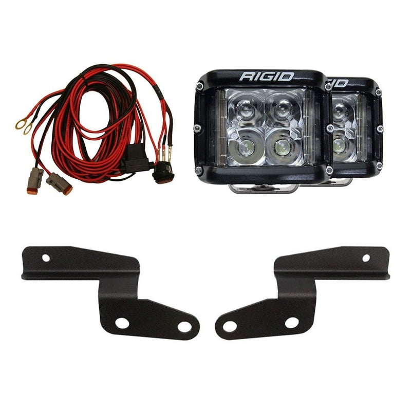 Rigid D-SS Spot A-Pillar Kit, kit contents laid out: A pair of square side-shooter LED pods laid out with two black A-pillar brackets and a red and black wiring harness
