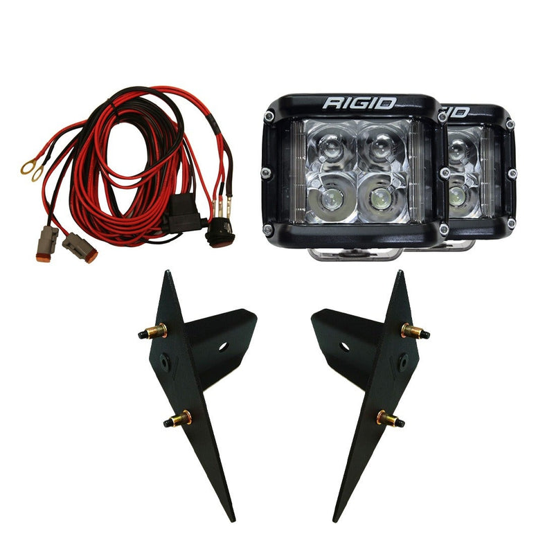 Rigid D-SS Spot A-Pillar Kit, kit contents laid out: kit layout of a pair of D-SS side-shooter spot pods, two black A-pillar brackets with studs and a wiring harness, on white