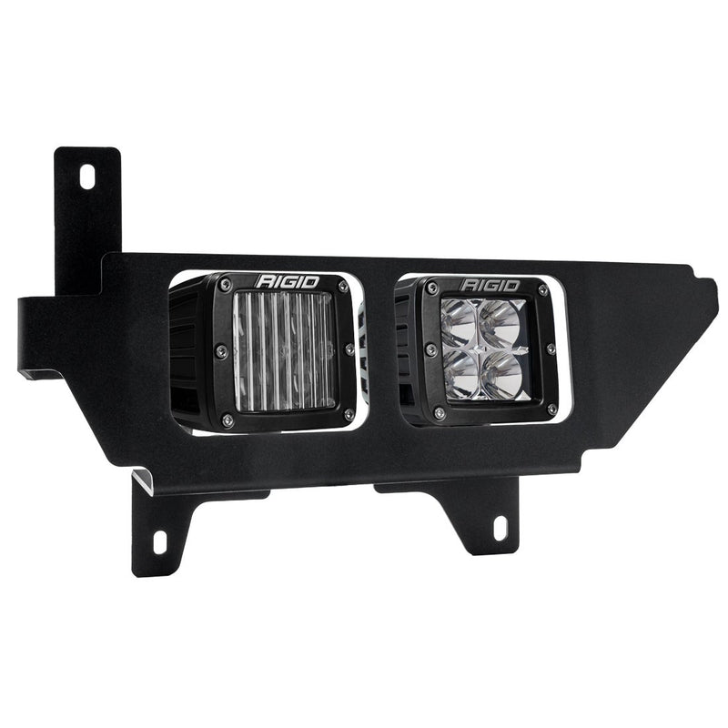 Rigid Dual Fog Light Kit on a studio background: angled view of a black fog pocket bracket with two square D-Series pods on white