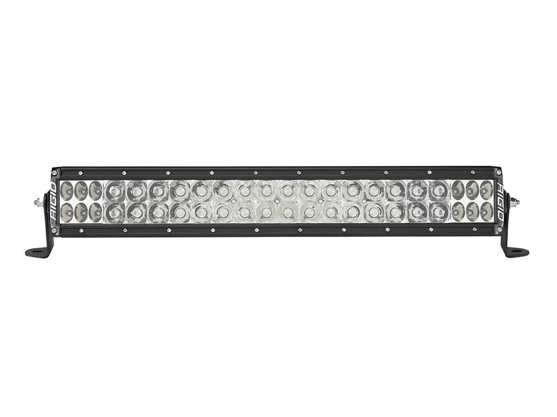 Rigid E-Series PRO 20" on a studio background: black 20" dual-row E-Series PRO LED light bar with clear lenses and combo optics on end-mount brackets against white