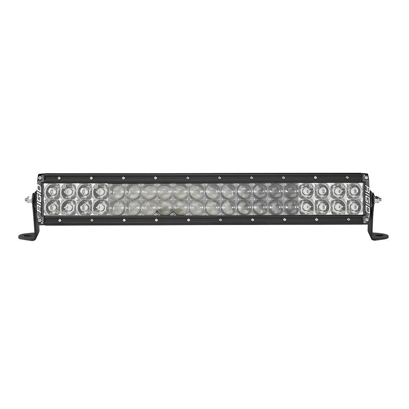 Rigid E-Series PRO 20" on a studio background: black 20" dual-row E-Series PRO LED light bar with clear lenses and mixed flood optics on end-mount brackets against white