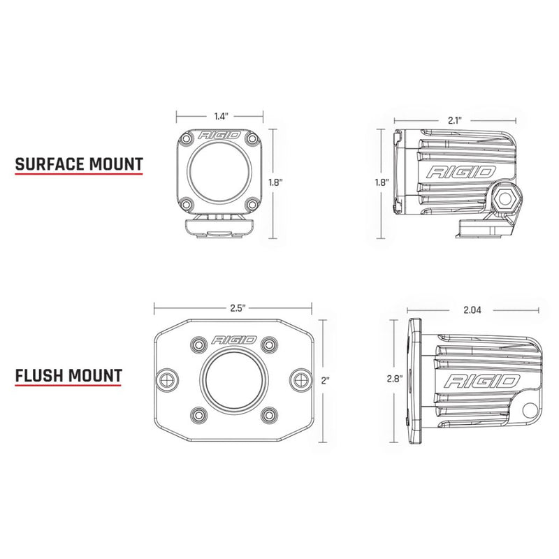 Rigid Ignite Flood Diffused Pods Backup Kit: dimension line drawings of a compact round-lens LED light in surface mount and flush mount versions