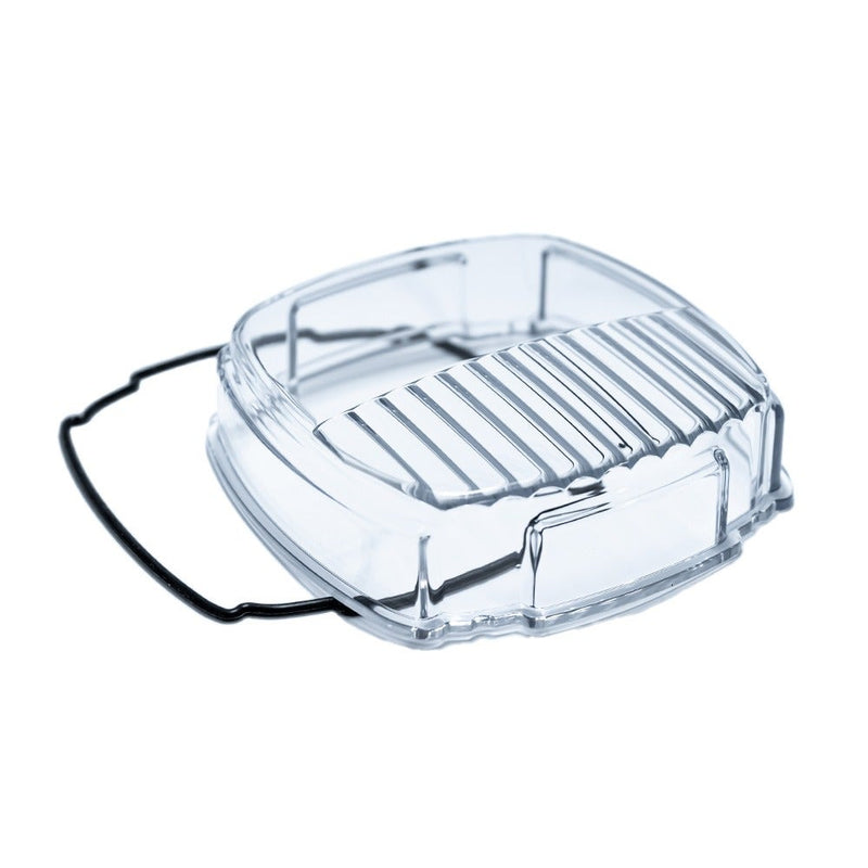 Rigid Phoenix Combo Lens on a studio background: clear combo pod lens with a partly fluted face and its black gasket on white