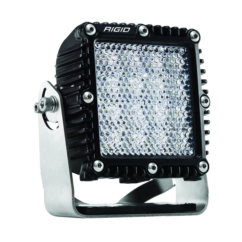 Rigid Q-Series PRO Pod on a studio background: black Q-Series PRO square pod with a diffused flood lens on a stainless bracket, three-quarter view