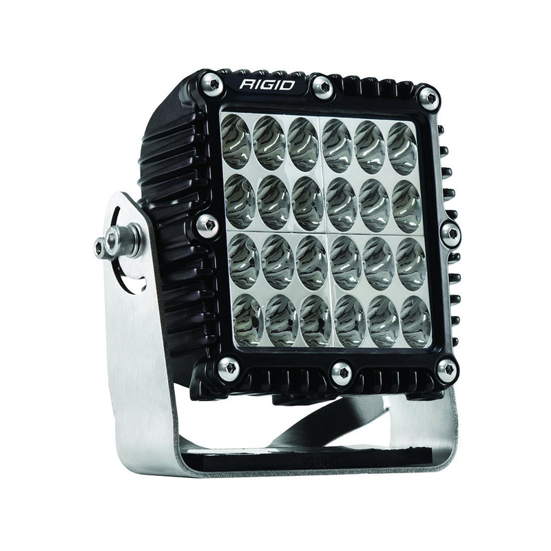 Rigid Q-Series PRO Pod on a studio background: black Q-Series PRO square pod with flood optics on a stainless bracket, three-quarter view on white
