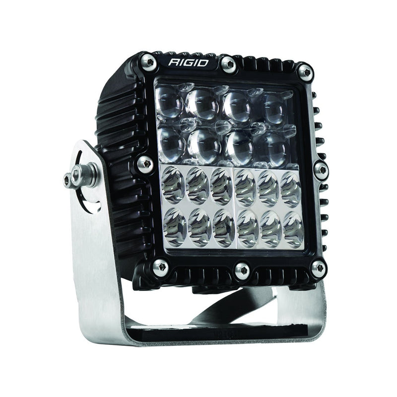 Rigid Q-Series PRO Pod on a studio background: black Q-Series PRO square pod with mixed spot and flood optics on a stainless bracket, three-quarter view