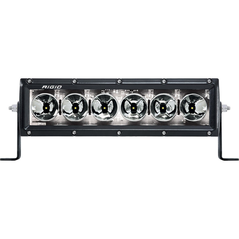 Rigid Radiance+ 10" RGBW on a studio background: black 10" Radiance+ LED light bar with six round reflector optics and a glowing white backlight, shown front-on with its mounting feet