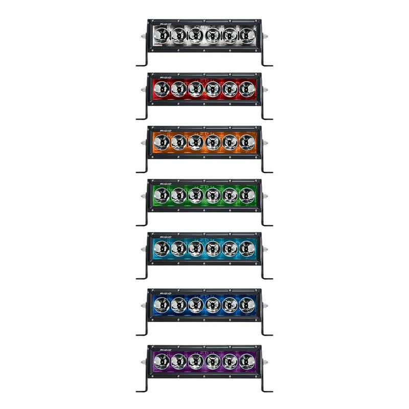 Rigid Radiance+ 10" RGBW on a studio background: seven 10" Radiance+ bars stacked on white, each showing a different RGBW backlight color from white through red, orange, green, cyan, blue and purple