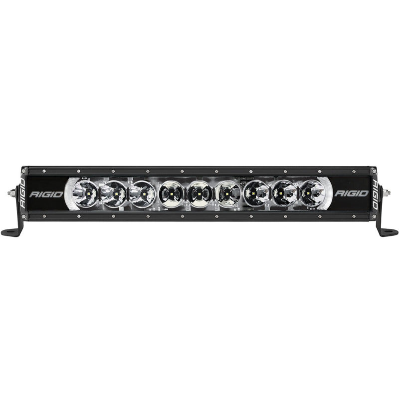 Rigid Radiance+ 20" RGBW on a studio background: black 20" Radiance+ LED light bar with round reflector optics and a white backlight, shown front-on against white