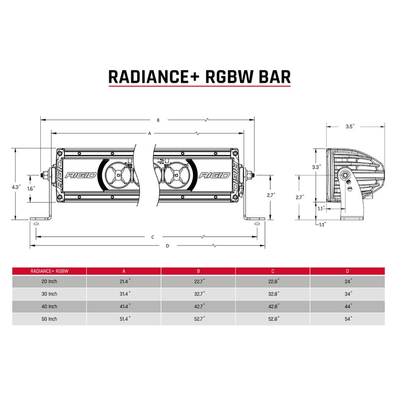 Rigid Radiance+ 30" RGBW: dimension drawing of a Radiance+ RGBW light bar with a table of measurements for the 20, 30, 40 and 50" sizes