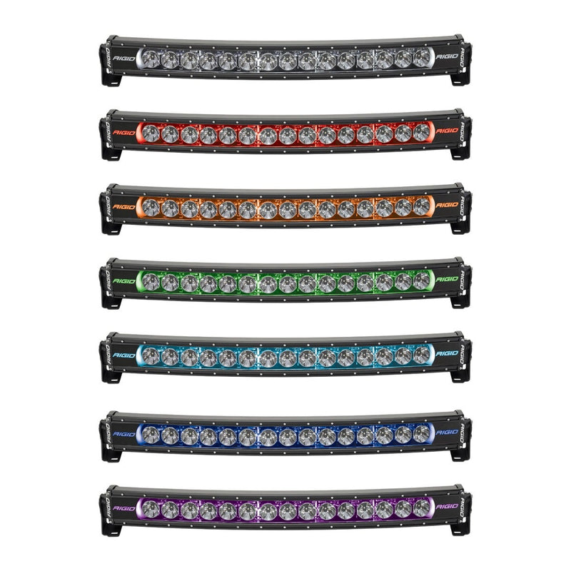 Rigid Radiance+ Curved 40" RGBW on a studio background: seven curved Radiance+ light bars stacked on white, each lit in a different RGBW backlight color