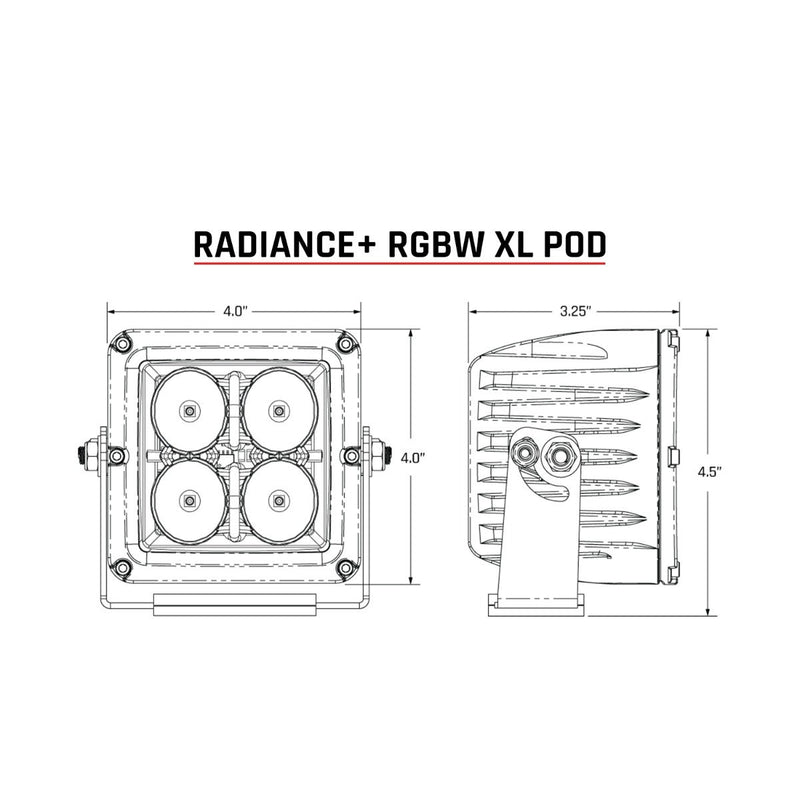 Rigid Radiance+ Pod XL RGBW Pair: dimension line drawing of the Radiance+ RGBW XL pod with front and side views
