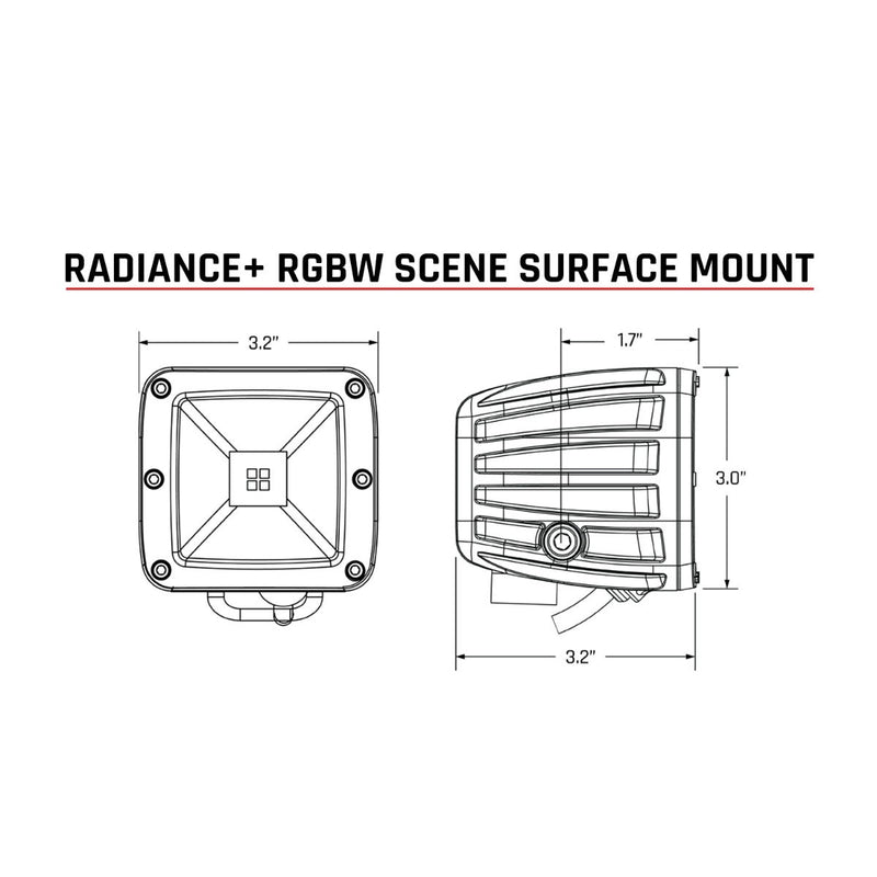 Rigid Radiance+ Scene RGBW Pods Pair: dimension line drawing of the Radiance+ RGBW scene surface mount pod with front and side views