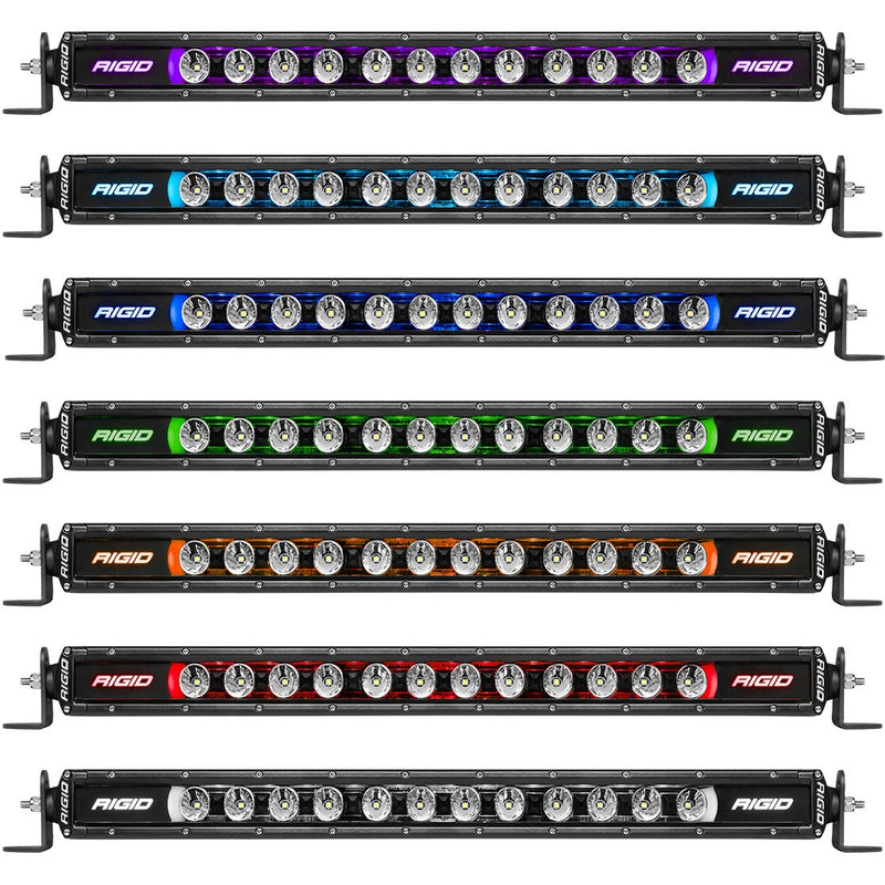 Rigid Radiance+ SR-Series 50" RGBW on a studio background: seven stacked views of a black Radiance+ SR-Series light bar, each with a different backlight color from purple to white; LED count looks like the 20" bar