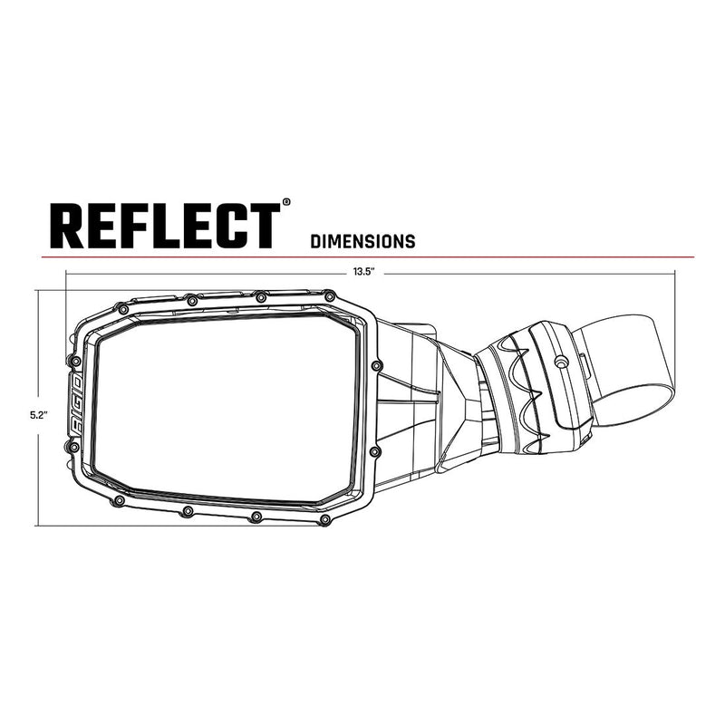 Rigid Reflect Side Mirror Lights Pair: line drawing of a Reflect side mirror with light, titled Reflect Dimensions with width and height callouts