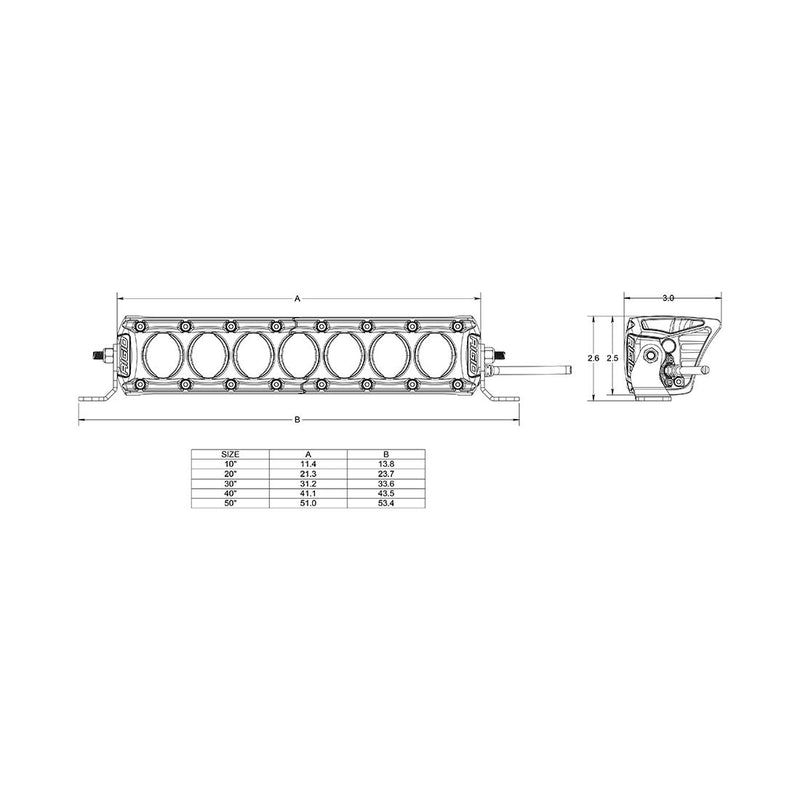 Rigid Revolve 40" Bar: A line drawing of a Revolve light bar with front and side dimension callouts and a size table