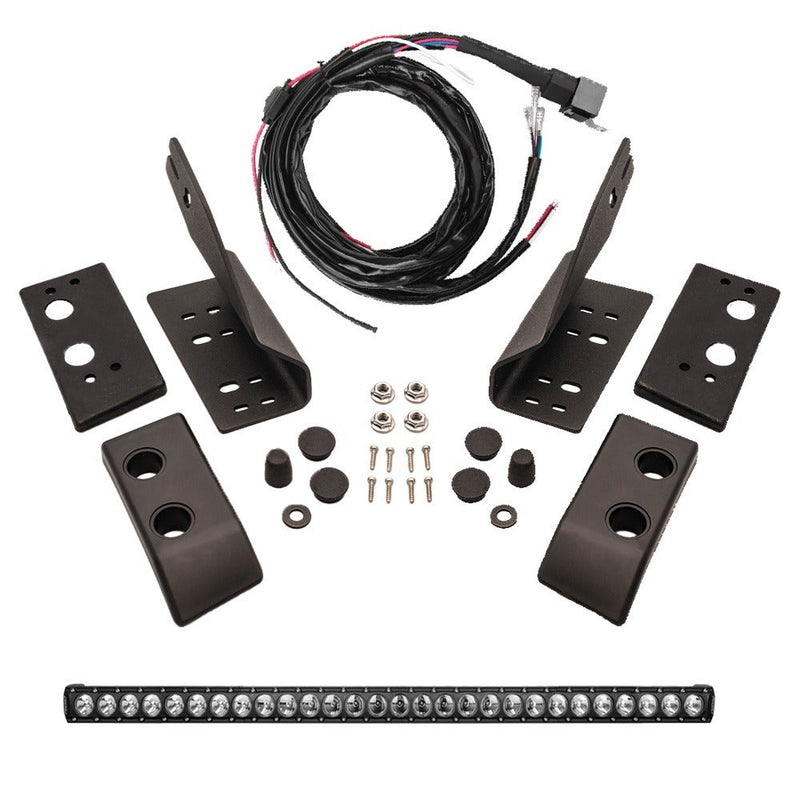 Rigid Roof 40" Revolve Kit, kit contents laid out: A roof light kit laid out with black brackets, a wiring harness, hardware and a single-row LED light bar