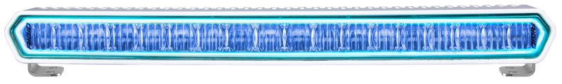 Rigid SR-L Series Marine 20" Bar White with Blue Halo: a white-housing 20" single-row LED bar with its halo ring lit blue, front view on white