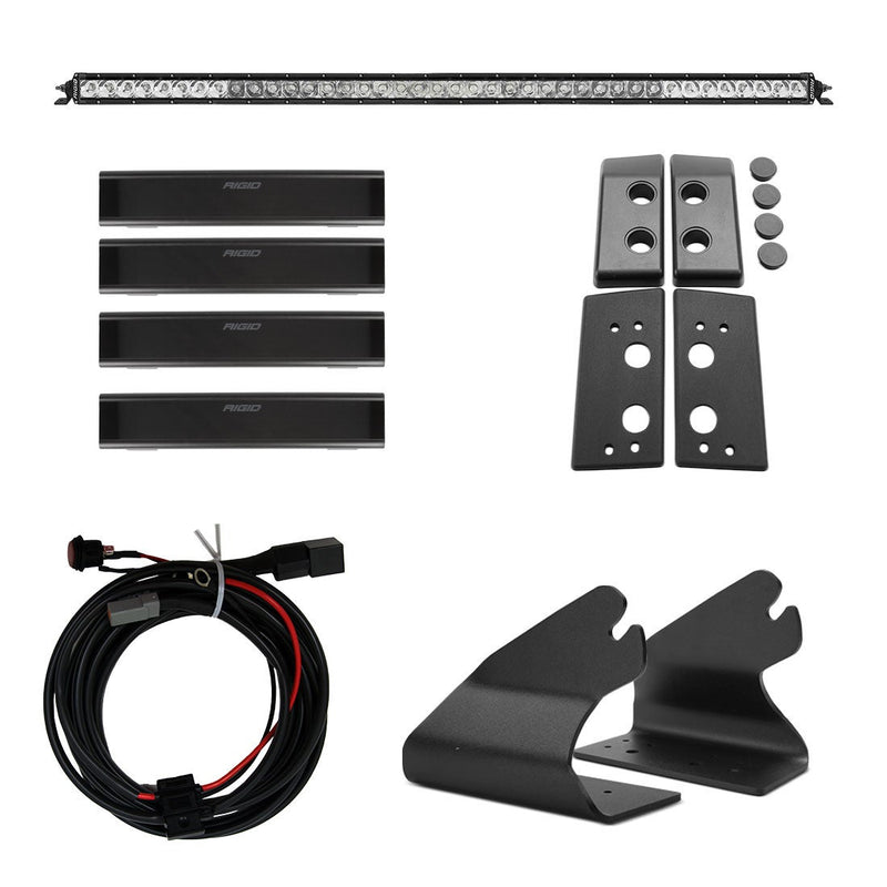 Rigid SR Spot/Flood 40" Bar Roof Line Light Kit, kit contents laid out: roof line light kit laid out on white with a 40" SR-Series light bar, four black lens covers, rubber mounting pads, two black brackets and a wiring harness