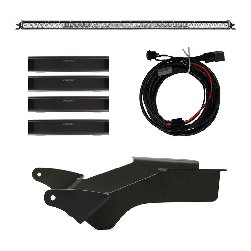 Rigid SR Spot/Flood 40" Bar Roof Rack Light Kit, kit contents laid out: roof rack light kit on white with a 40" SR-Series light bar, four black lens covers, a wiring harness and two black rack brackets