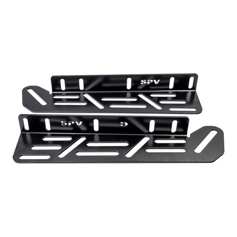 Close-up of the Rigid Triple Fog Light Kit: two black slotted fog brackets stacked on white