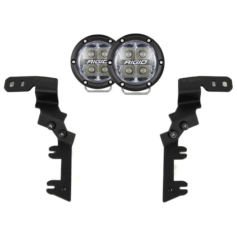 Rigid 360-Series Spot A-Pillar Kit: two round 360-Series spot lights and two black A-pillar mounting brackets, on white