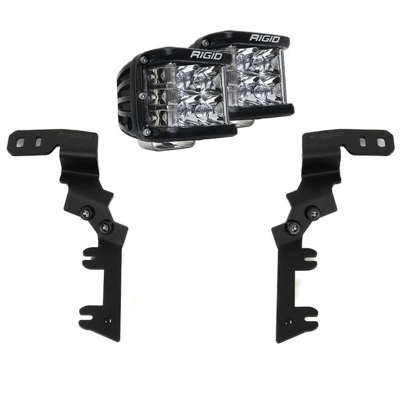 Rigid D-SS Spot A-Pillar Kit: two D-SS side-shooter cube lights and two black A-pillar mounting brackets, on white