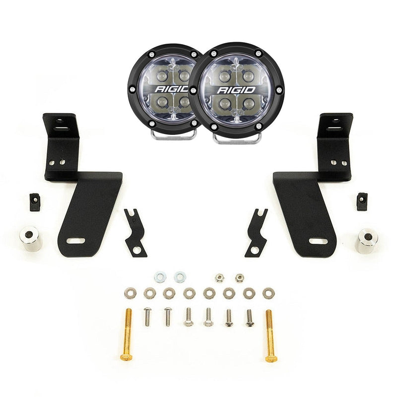 Rigid 360-Series Spot A-Pillar Kit: two round 360-Series spot lights, two black A-pillar mounting brackets with bolts, washers and spacers, on white