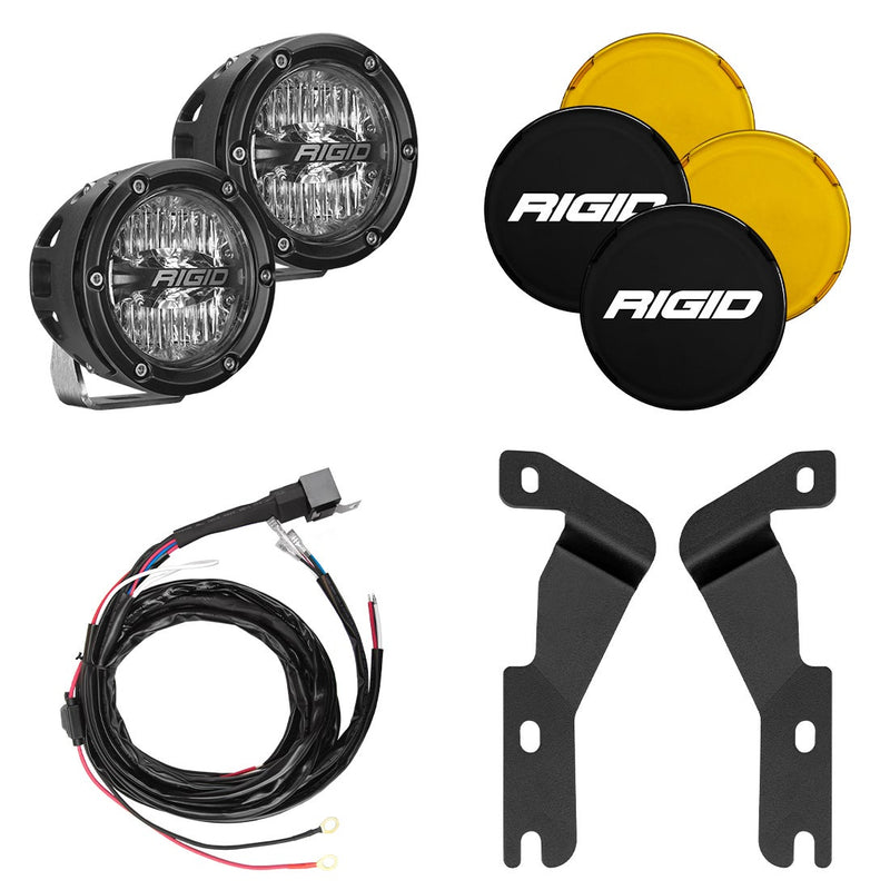 Rigid 360-Series 4" Drive A-Pillar Light Kit: two round 360-Series lights, amber and black covers, wiring harness and two A-pillar brackets, on white