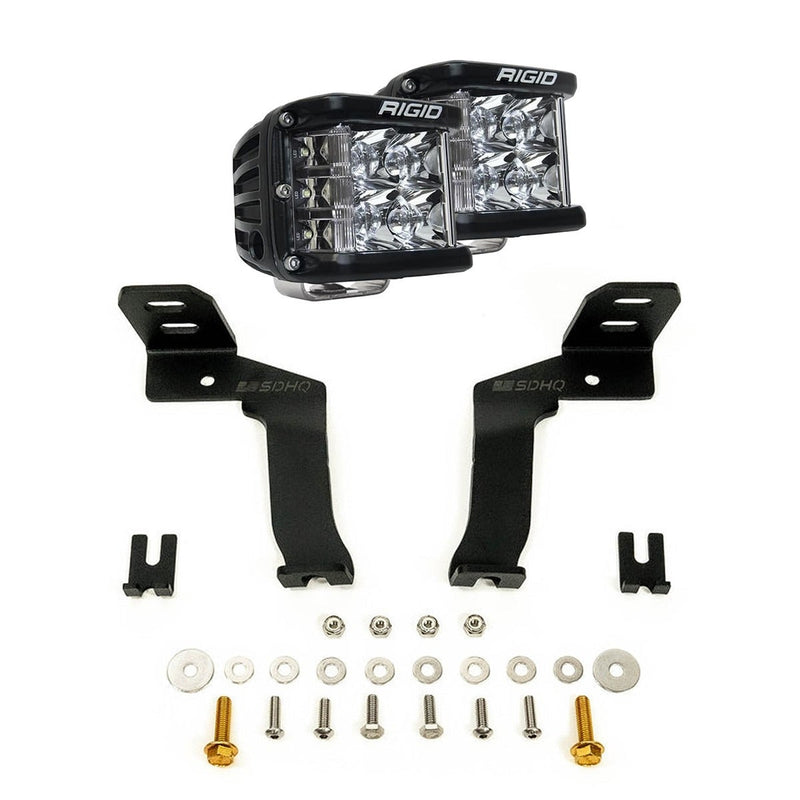 Rigid D-SS Spot A-Pillar Kit: two D-SS side-shooter cube lights, two black A-pillar brackets and hardware, on white