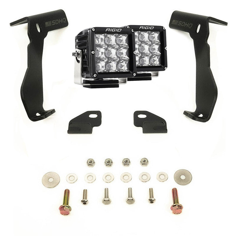 Rigid D-XL Spot A-Pillar Kit: two D-XL cube lights, two black A-pillar brackets, mounting tabs and hardware, on white