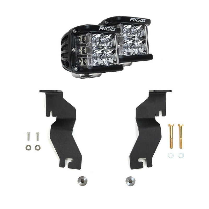 Rigid D-SS Spot A-Pillar Kit: two D-SS side-shooter cube lights, two black A-pillar brackets and hardware, on white