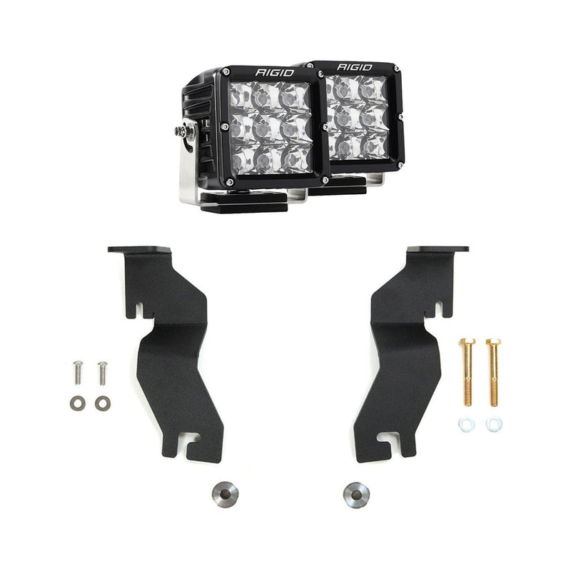 Rigid D-XL Spot A-Pillar Kit: two D-XL cube lights, two black A-pillar brackets and hardware, on white
