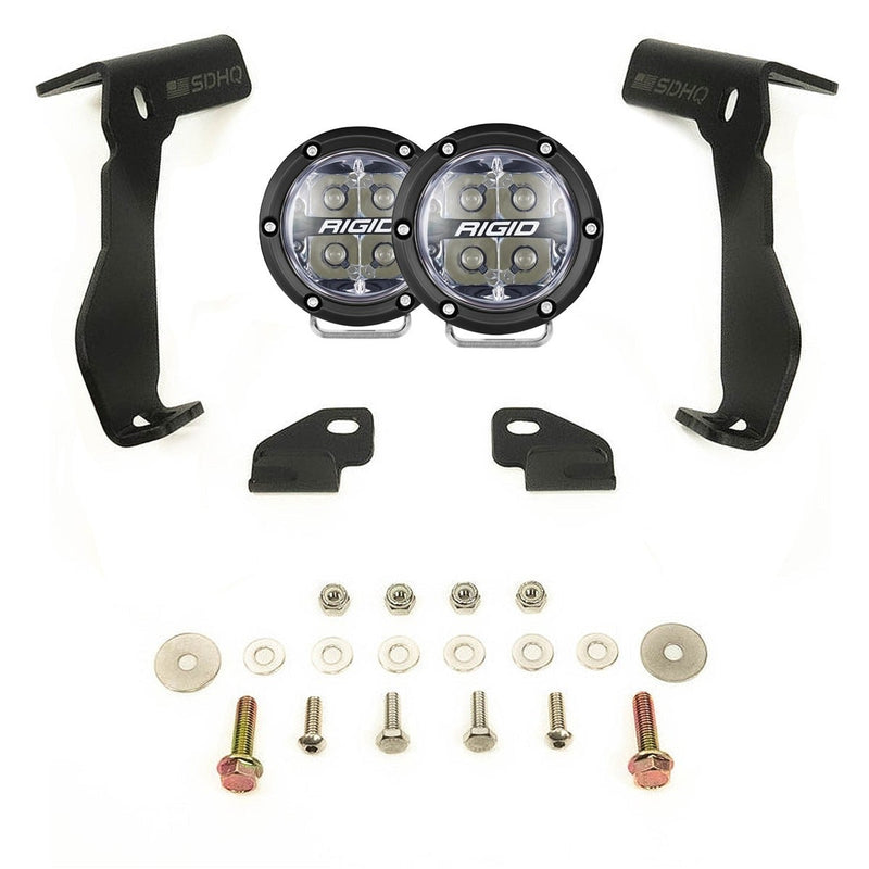 Rigid 360-Series Spot A-Pillar Kit: two round 360-Series spot lights, two black A-pillar brackets, mounting tabs and hardware, on white