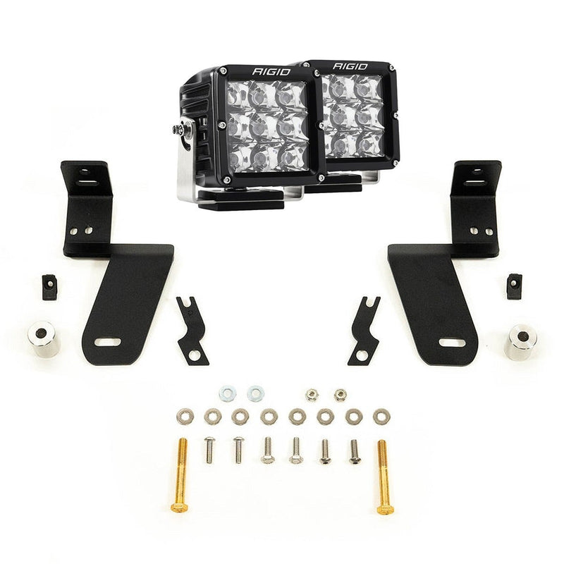 Rigid D-XL Spot A-Pillar Kit: two D-XL cube lights, two black A-pillar mounting brackets with bolts, washers and spacers, on white
