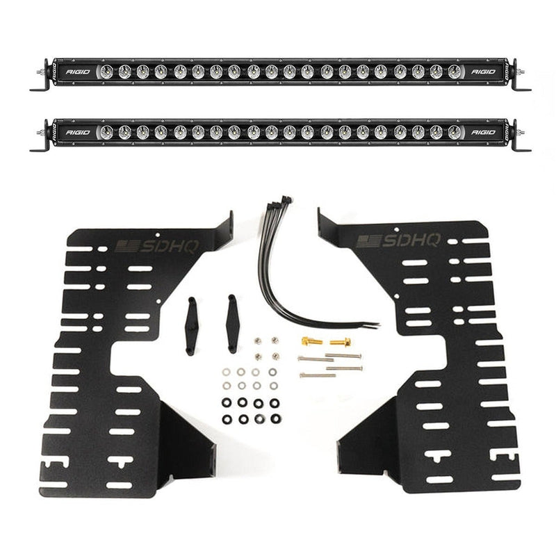Rigid SR-Series 30" Radiance+ Behind the Grille Kit: black single-row LED light bar shown front and back, black grille mounting plates and hardware, on white