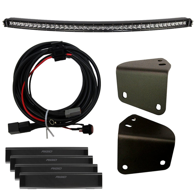 Rigid roof mount kit: curved single-row LED light bar, wiring harness, two black roof brackets and rubber pads, on white
