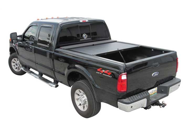 Roll-N-Lock M-Series closed on a black Ford F-250 Super Duty crew cab