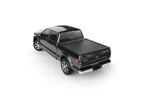Roll-N-Lock M-Series closed on a 2015-2020 Ford F-150 SuperCrew, rear three-quarter view