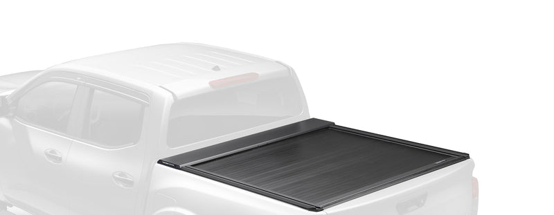 Roll-N-Lock E-Series XT ghosted illustration showing the electric cover installed and closed on a pickup bed
