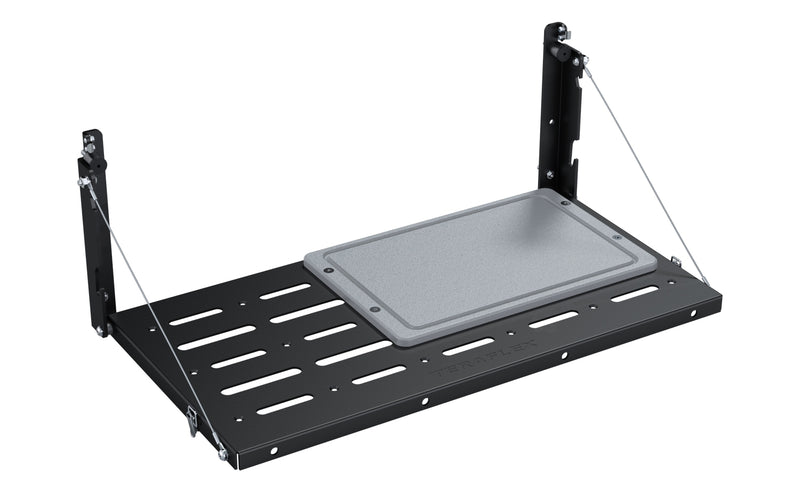 TeraFlex MP tailgate table with cutting board, folded down, on a white background