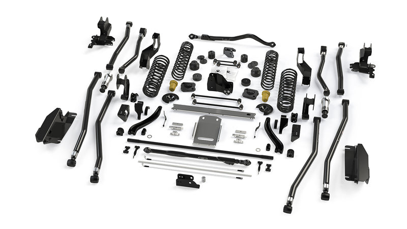 TeraFlex Alpine Long Arm Suspension, shown on a studio background: exploded TeraFlex long-arm lift kit with long control arms, SpeedBumps, crossmember and skid plate on white