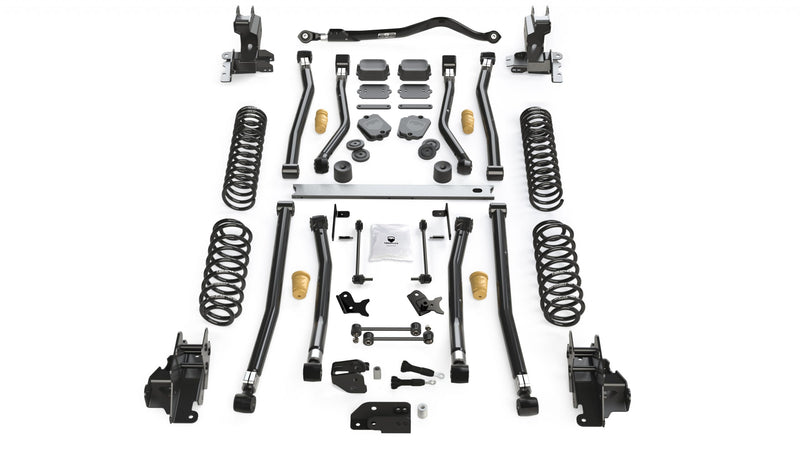 TeraFlex Alpine Long Arm Suspension, shown on a studio background: TeraFlex JL Alpine long-arm lift kit laid out on white: coil springs, long arms, frame brackets, crossmember and bump stops