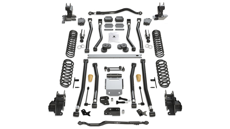 TeraFlex Alpine Long Arm Suspension, shown on a studio background: TeraFlex long-arm kit with track bars, SpeedBumps, skid plate, brackets and coil springs on white