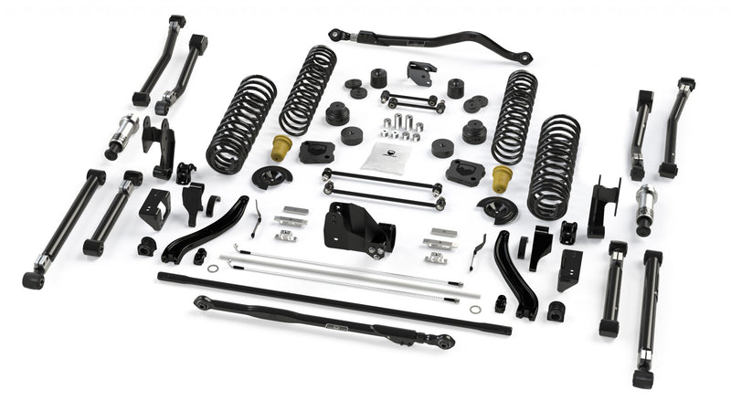 TeraFlex Alpine Short Arm Suspension System, shown on a studio background: TeraFlex coil-spring lift kit with adjustable control arms, front and rear track bars, SpeedBumps, bump stops, sway links and brackets on white