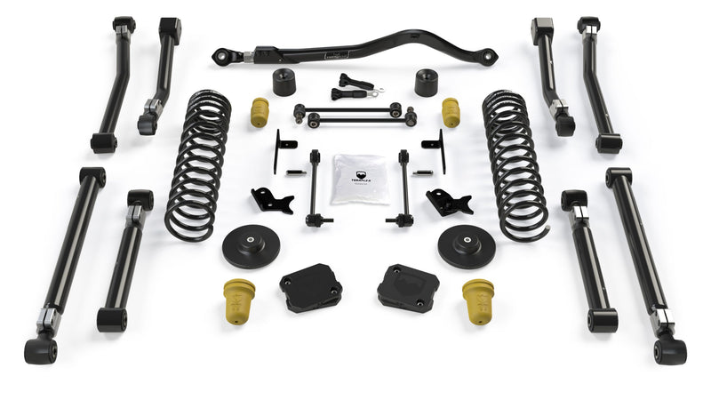 TeraFlex Alpine Short Arm Suspension System, shown on a studio background: TeraFlex lift kit with adjustable control arms, track bar, coil springs and bump stops on white