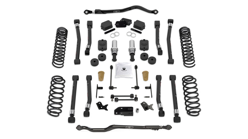 TeraFlex Alpine Short Arm Suspension System, shown on a studio background: TeraFlex short-arm kit with two track bars, SpeedBump bump stops, springs and control arms on white